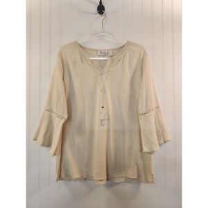 Denim & Co. Women's Ivory Bell Sleeve Gauzy Tunic Top Size L Boho Chic Romantic